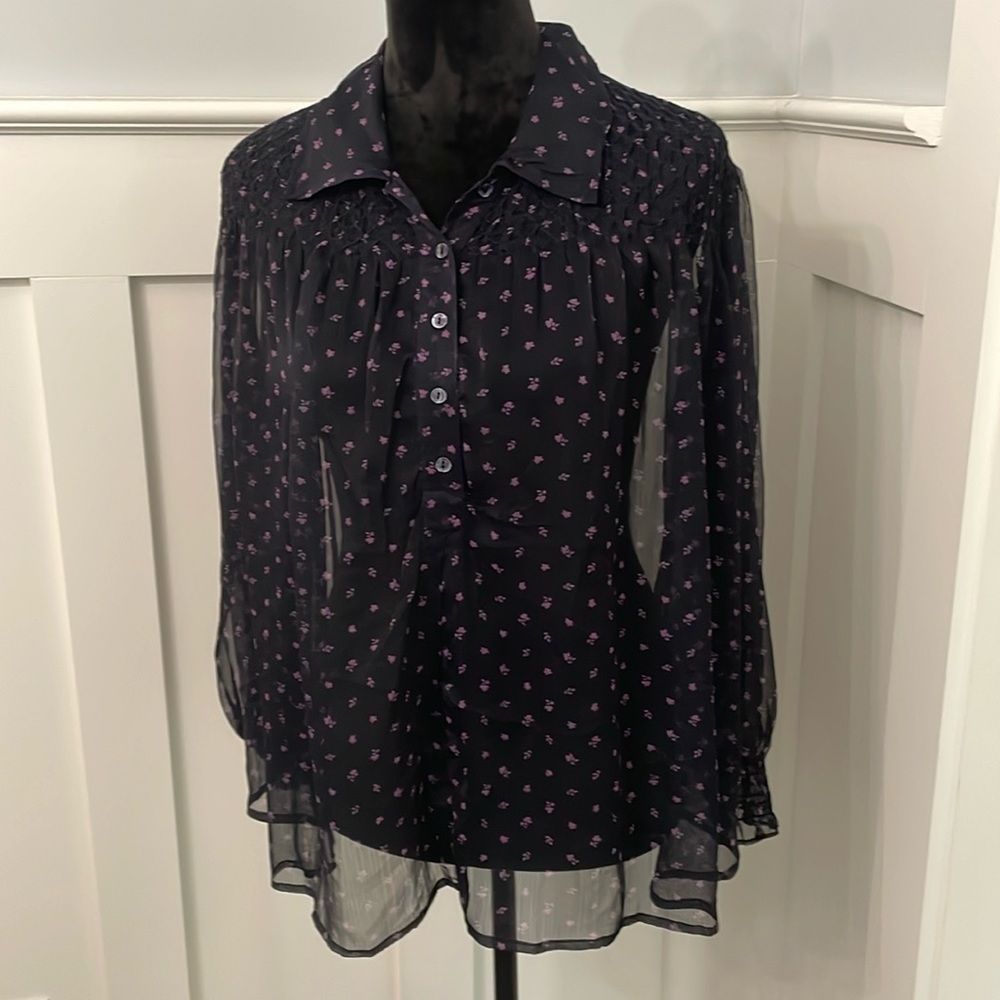 French Connection Sheer Black Blouse with smocking detailing above the chest